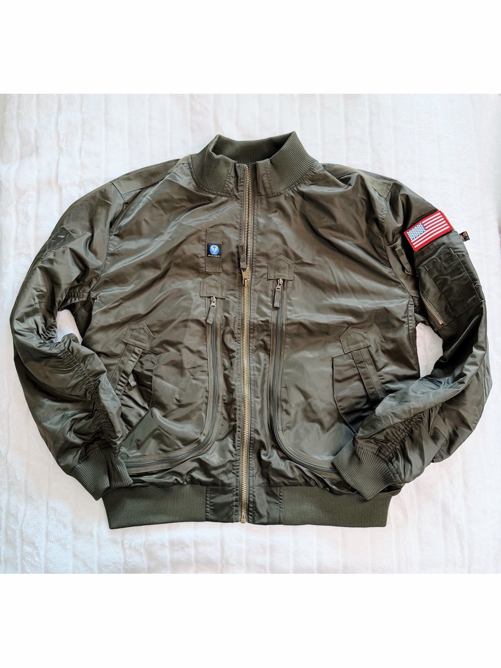 3XL Olive Green MA-1 Bomber Flight Jacket Tactical Military Style USA Flag Patch